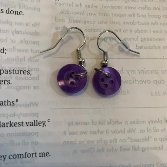 Handmade Purple Button Dangling Earrings - Picture 1 of 6